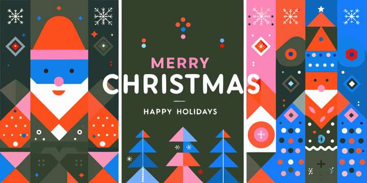 modern geometric christmas poster with abstract shapes and festive colors santa claus trees snowflakes vector illustration pattern holiday greeting card