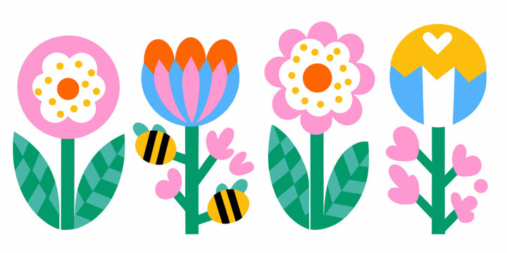 simplified flowers with bold colors geometric style on white background petals leaves bee illustration vector graphic design pattern nature spring