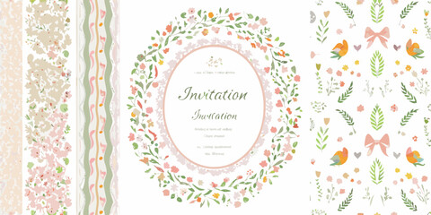 soft pastel floral invitation card with watercolor wreath flowers greenery botanical greeting event party wedding celebration decorative illustration pattern design © Pabitra