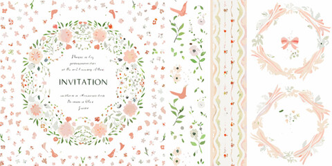 soft pastel floral invitation cards with watercolor wreaths flowers botanical design colors wedding invitations greeting hand painted patterns romantic style event © Pabitra