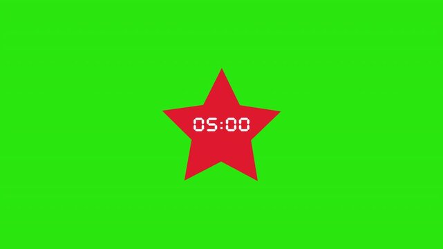 Red star with a digital timer counting up from zero to sixty minutes on a bright green screen background for chroma keying and alpha channel transparency