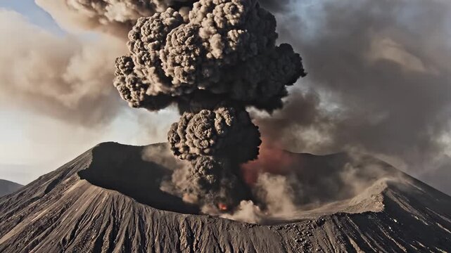 A massive volcanic eruption releases an enormous plume of dark gray ash and smoke high into the sky above the rugged crater rim, showcasing the immense power of geological forces within our