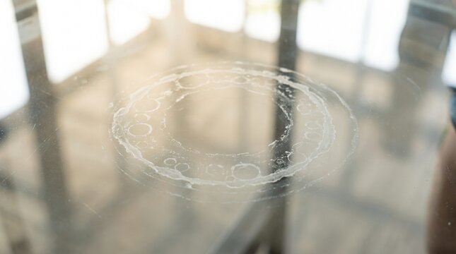 Mineral residue on glass surface. Hard water stain marks on a transparent table top.