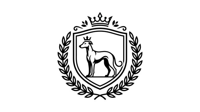 Sighthound shield emblem with laurel wreath and crown.