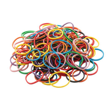 A large pile of assorted colorful elastic rubber bands on white background.