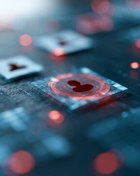 Futuristic interface glows with red data pulses. Glass panels hold digital heart icons in focus. Blurry background hints at complex technology. Cool blue tones contrast with warm red accents