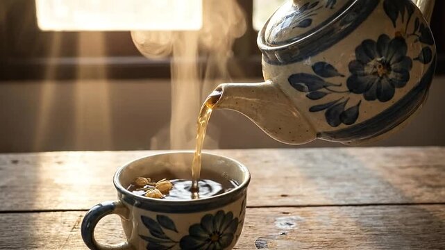 A ceramic teapot pours hot herbal tea into a matching floral cup