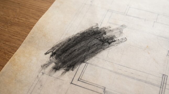 Black charcoal mark on architectural paper. Graphite sketch texture on a blueprint.