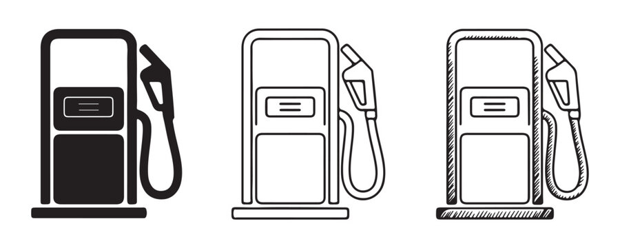 Gas station pump icon in solid outline and sketched formats for diverse uses.