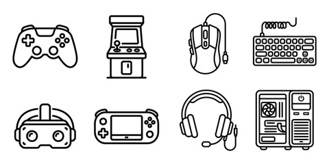 Gaming and esports tech line art icons with e sports controller computer keyboard technology entertainment electronics equipment joystick © Rayna