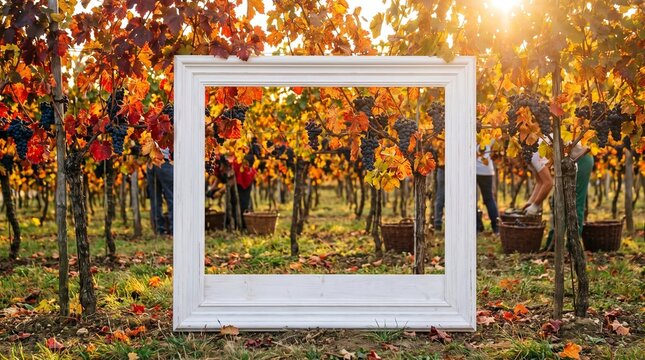Autumn vineyard landscape framed by a white border with golden sunlight.
