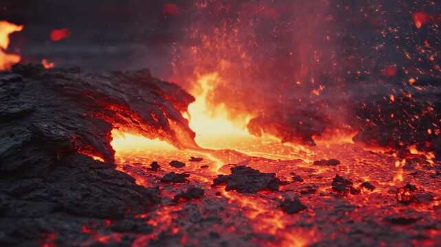 Molten lava flows beneath the darkened surface while intense heat radiates through active volcanic craters during a powerful natural eruption process occurring in the rugged geologic mountain