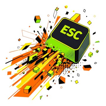 Dynamic digital escape key art represents quitting digital engagement exiting virtual realms with vibrant energy burst and scattered geometric forms. vector illustration flat vector bright colors vibr