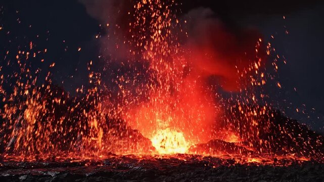 A massive volcanic eruption sends glowing orange magma and hot embers soaring into the night sky while molten rock flows across the dark earth during a powerful geological event of nature
