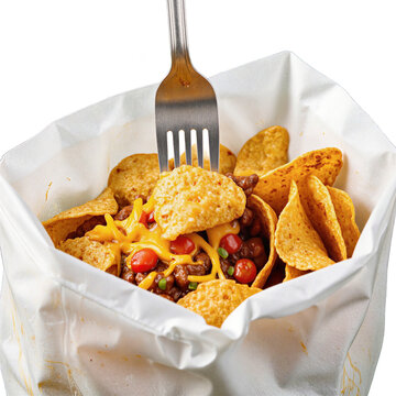 Walking taco chili corn chips with meat and melted cheese in a white bag isolated on a transparent background