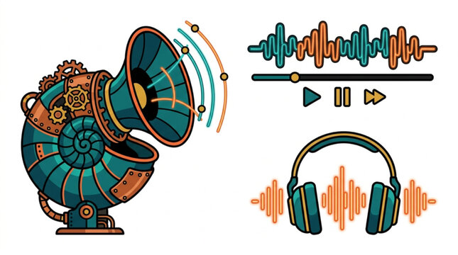 Minimalist Flat Editorial Concert Audio Waveform and Retro Headset Graphic Icon Asset, "Created with AI assistance and manually refined."