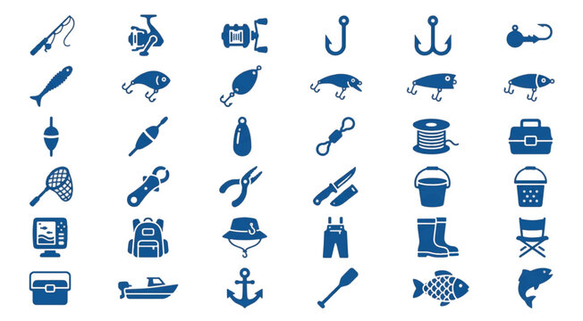 Blue Fishing Icons Grid Flat Pictograms On White Background