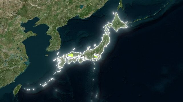 3D Satellite Map Zoom into Japan with City Labels and Surrounding Seas