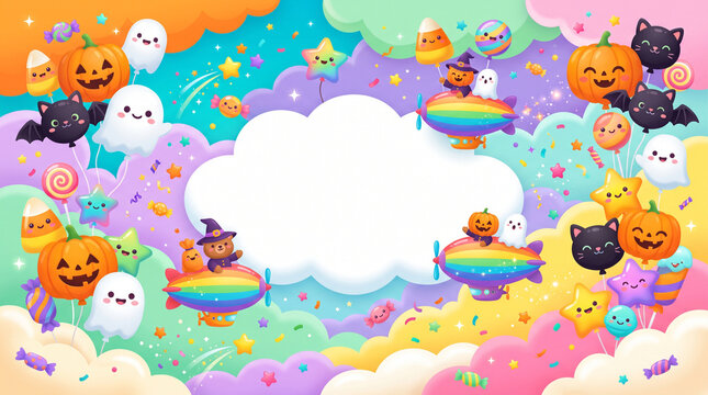 Whimsical vector illustration of a pastel Halloween sky frame template&mdash;featuring rainbow blimps piloted by cute bears, pumpkins, and ghosts floating among fluffy pastel clouds, surrounded by flying ba