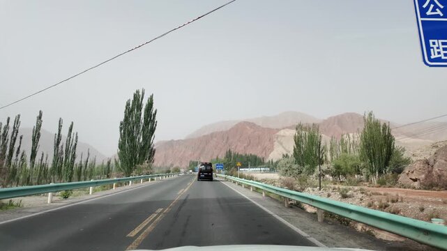 Car view driving along G314 highway lined with tall trees leaving Kashgar toward Tashkurgan Xinjiang