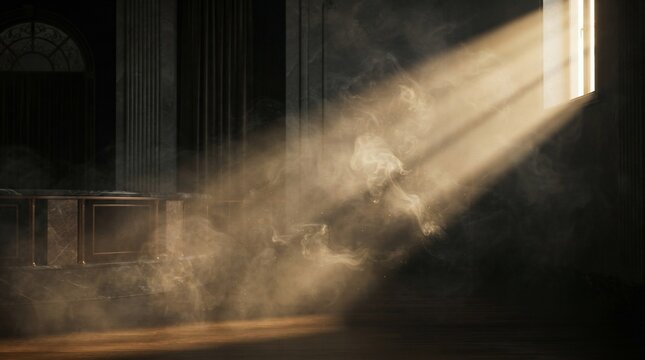Sunlight streaming through window illuminating dust particles in dark room