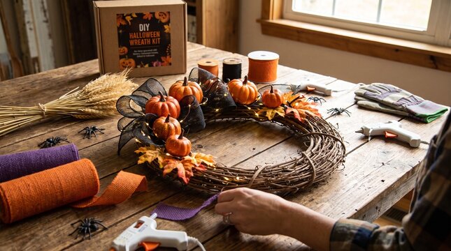 Creating a Festive DIY Halloween Wreath with Autumn Decorations and Spooky Accents