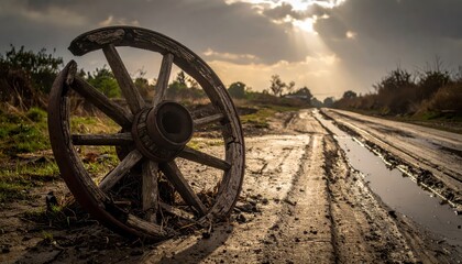 Fototapeta premium A broken wooden wagon wheel rests on a muddy, rutted dirt road at sunset