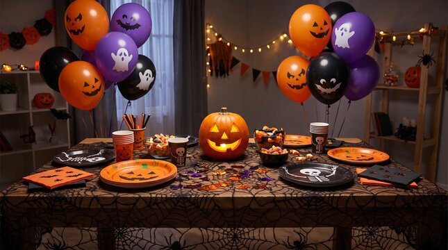 Halloween party table with carved pumpkins and balloons. Spooky autumn celebration setup featuring jack-o-lanterns, festive decor, and treats ,