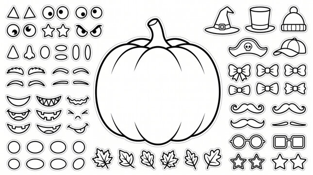 Black and white vector line art set for a build-your-own pumpkin activity&mdash;featuring a large blank central pumpkin surrounded by customizable facial elements like eyes, eyebrows, mouths, noses, and acc
