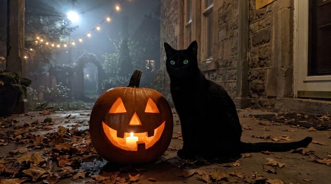 Mysterious Black Cat and Jack-o'-Lantern Glow in Enchanting Halloween Night