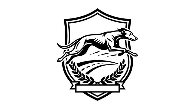 Greyhound dog mascot in shield and laurel badge.