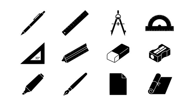 Drafting Tools Icon Set: Precision Instruments for Design, Architecture, Engineering, and Education