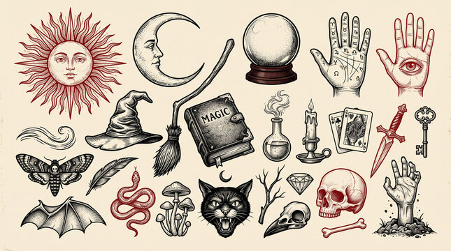 Vintage hand-drawn occult and witchcraft element set featuring mystical icons&mdash;including a sun with a face, crescent moon, crystal ball, palmistry hands, witch hat, broomstick, magic book, potion bottl