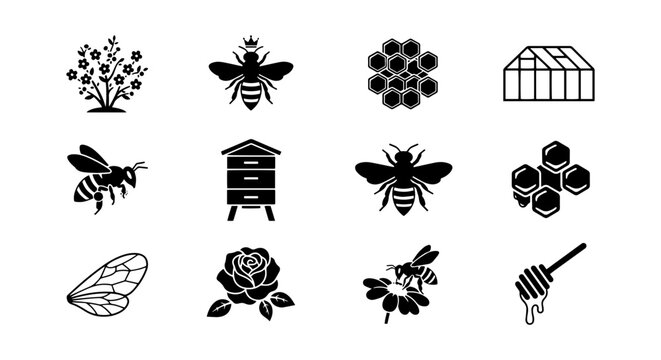 Bee Icons, Honeycomb & Apiary Elements, Nature & Agriculture Vector Set