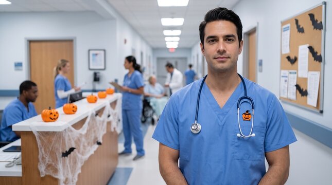 Confident Male Healthcare Worker Celebrates Halloween in a Hospital with Festive Decorations
