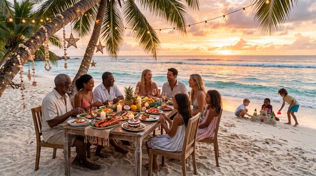 Happy multigenerational family gathering for a festive outdoor dinner at tropical beach resort during a beautiful sunset holiday travel celebration