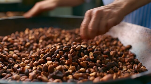 Close up of hands sorting roasted nuts in a large metal tray showing detailed textures and natural culinary process