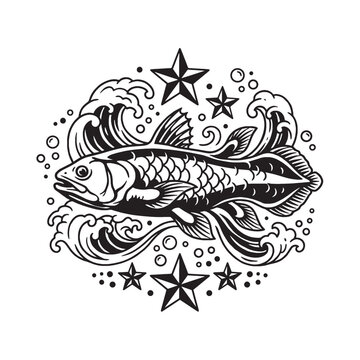 Traditional Tattoo Style Illustration of an Arowana Fish with Waves Stars and Bubbles in Black and White