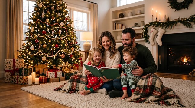 Happy family with young children reading story book together by illuminated christmas tree and cozy fireplace during winter holiday celebration at home