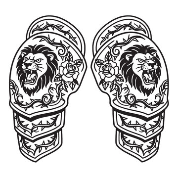Black and White Illustration of Medieval Knight Shoulder Armor Pauldrons Featuring Roaring Lion Heads and Rose Floral Patterns with Thorny Vines