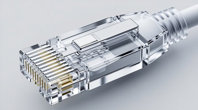 Macro close-up of single RJ45 ethernet plug with transparent plastic housing on white backdrop. Gold contacts visible inside connector head. Modern networking equipment used for fast digital data