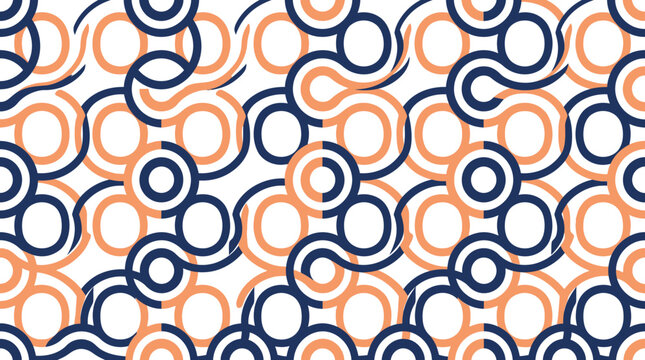 Minimalist seamless background with blue and orange continuous curved line circle motifs.