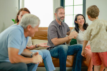 Fototapeta premium Celebrated family day and senior citizens' day engaging activities at home such watching sporting events and cheering favorite teams displaying variety emotions joy spending time together family.