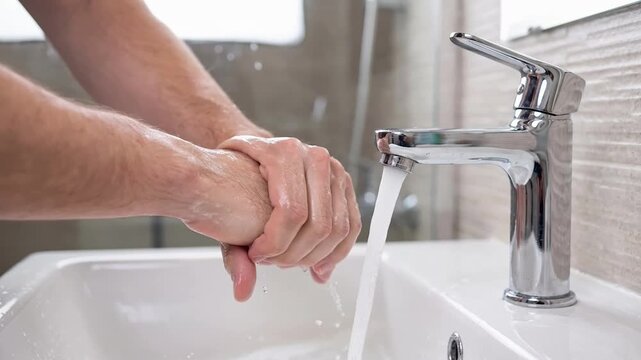 Washing hands with soap and water slow motion close up video