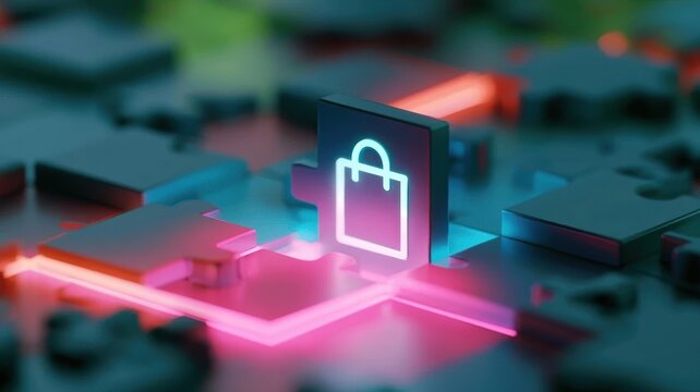 3d neon puzzle board with the final piece as a bright shopping bag icon completing the retail experience