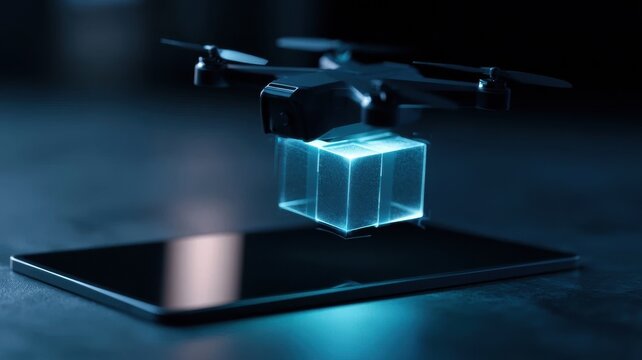 Futuristic drone delivering a glowing holographic package to an uned tablet screen for seamless ecommerce integration