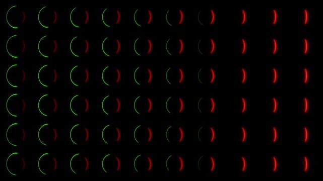 3d render. Red and Green Neon Binary Grid Pattern on Black Background