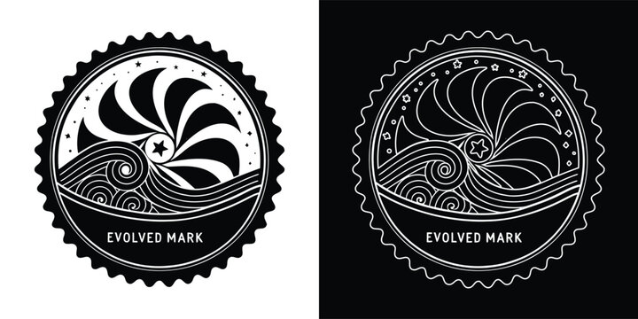 Monochrome circular badge design featuring abstract wave and star patterns