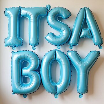 Shiny blue foil balloons spell out Boy message on white wall. Decorative metallic lettering for gender reveal party infant birth announcement. Festive bright celebration background for new baby