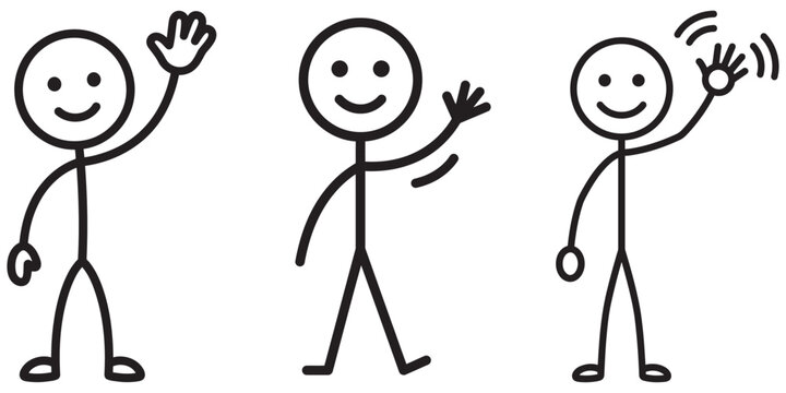 Three stick figures waving hands to say hello drawing set.